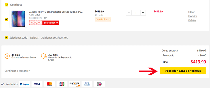 Carrinho de compras da Gearbest