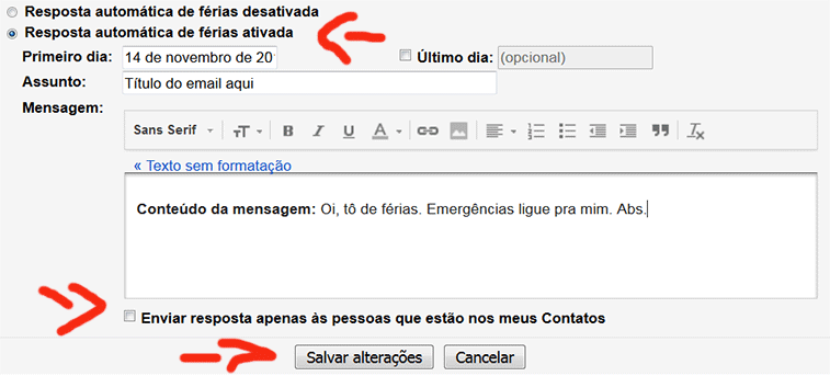 Tela para configurar resposta automática Gmail