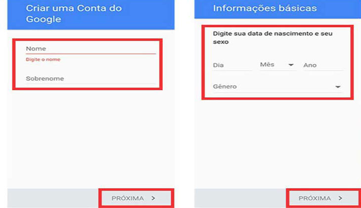Tela criar gmail celular dados