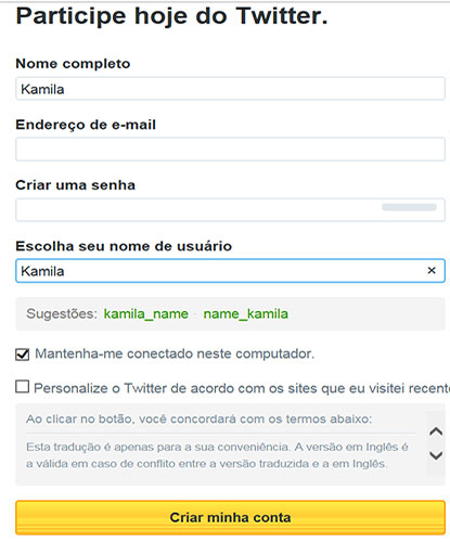Página onde Criar Twitter com nome de usuário