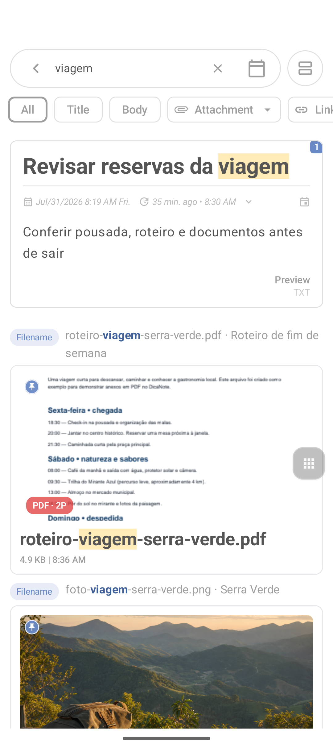 Resultados completos da busca do DicaNote mostrando nota, PDF e imagem relacionados à palavra viagem