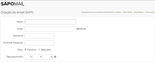 Inscricao email sapo passo - passo 1