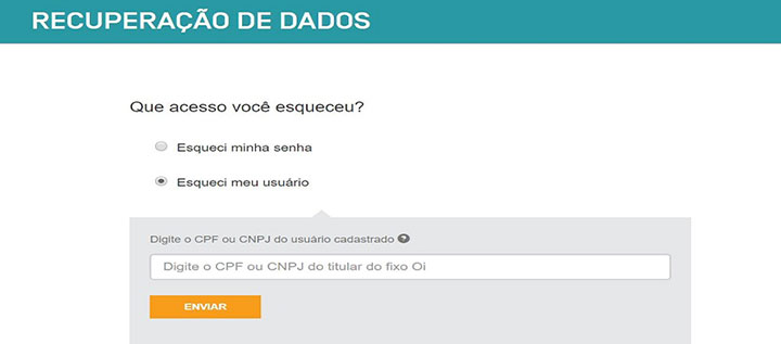 Imagem do formulário de recuperação de conta do Oi mail