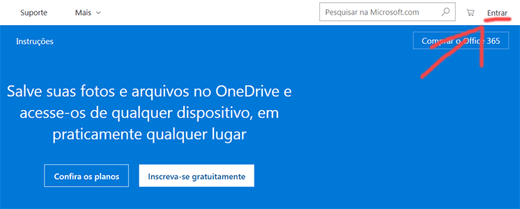 Homepage do Onedrive microsoft